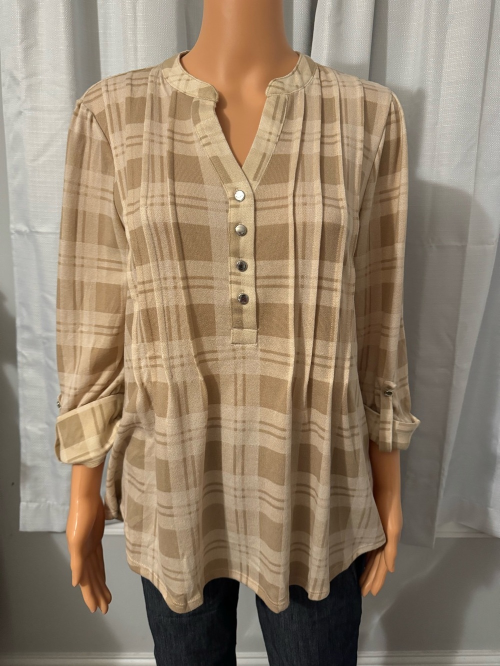 Cute Kate Park size M beige tan plaid 1/4 button roll tab sleeves shirt new